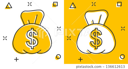 Money bag icon in comic style. Moneybag with dollar cartoon vector illustration on white isolated background. Cash sack splash effect business concept. Money bag icon in comic style. Moneybag with dollar cartoon vector illustration on white isolated background. Cash sack splash effect business concept. 136612613
