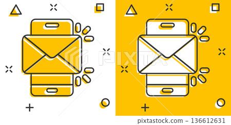 Message on smartphone icon in comic style. Mail with phone cartoon vector illustration on white isolated background. Envelope splash effect business concept. Message on smartphone icon in comic style. Mail with phone cartoon vector illustration on white isolated background. Envelope splash effect business concept. 136612631