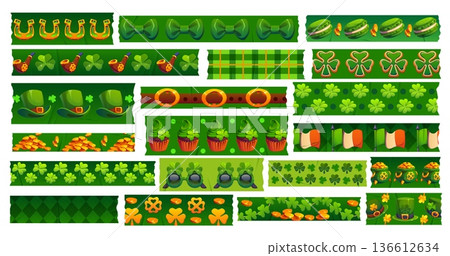 St Patrick's day green washi tape adhesive pieces. Irish holiday washi adhesive tape, St Patrick day scrapbook sticker with coins, leprechaun hat, clovers and flag, cupcake, bow tie and smoking pipe St Patrick's day green washi tape adhesive pieces. Irish holiday washi adhesive tape, St Patrick day scrapbook sticker with coins, leprechaun hat, clovers and flag, cupcake, bow tie and smoking pipe 136612634