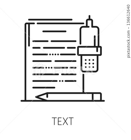 Dubbing sound record text line icon or pictogram. Movie voice dubbing production symbol, sound recording studio vector icon. Audio design mixing pictogram with script document, pencil and microphone Dubbing sound record text line icon or pictogram. Movie voice dubbing production symbol, sound recording studio vector icon. Audio design mixing pictogram with script document, pencil and microphone 136612640
