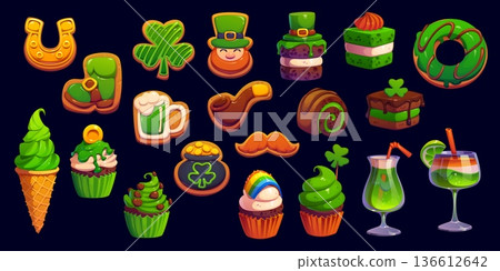 St Patrick day holiday cake, candy and sweet cookie food. Cartoon vector set of treats, cookies, cupcakes, drinks and desserts decorated with shamrocks, rainbows, gold coins and festive green toppings St Patrick day holiday cake, candy and sweet cookie food. Cartoon vector set of treats, cookies, cupcakes, drinks and desserts decorated with shamrocks, rainbows, gold coins and festive green toppings 136612642