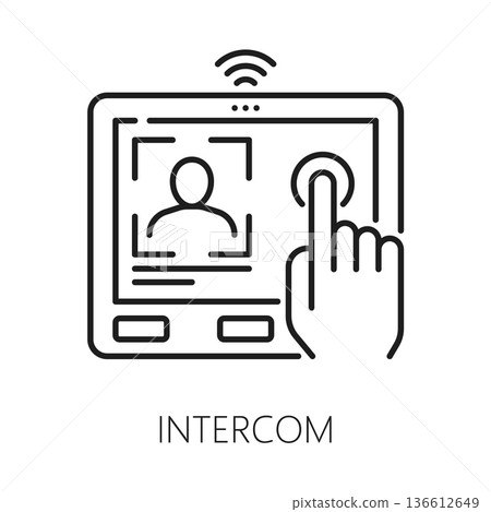 Intercom home security equipment line icon or symbol. House protection device lineart vector pictogram, security electronics linear symbol. Alarm equipment sign or icon with door intercom touch screen 136612649
