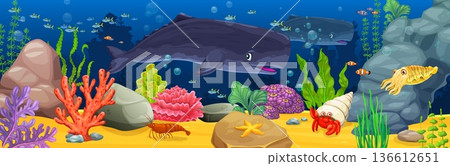 Cartoon sperm whale and coral reefs. Vector underwater landscape with happy marine life with giant friendly whale swimming among coral reefs. Shoal of tropical fish, red crab, shrimp, and seaweed Cartoon sperm whale and coral reefs. Vector underwater landscape with happy marine life with giant friendly whale swimming among coral reefs. Shoal of tropical fish, red crab, shrimp, and seaweed 136612651