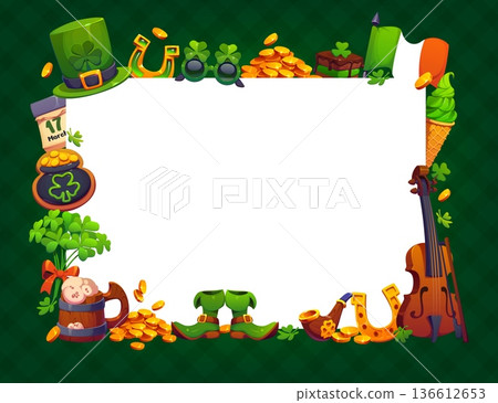 St Patrick day holiday greeting card frame with shamrocks, leprechaun boots, gold coins, Irish flag, beer, fiddle and green treats. Vector festive border for celebration invites, or cultural events 136612653