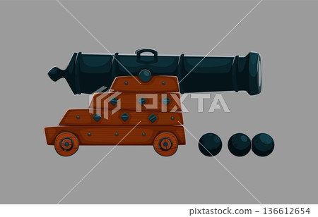 Cartoon pirate cannon with wooden carriage and metal barrel standing on wheels. Naval artillery weapon with cannonballs placed nearby. Vector vintage artillery gun. Classic maritime military equipment Cartoon pirate cannon with wooden carriage and metal barrel standing on wheels. Naval artillery weapon with cannonballs placed nearby. Vector vintage artillery gun. Classic maritime military equipment 136612654