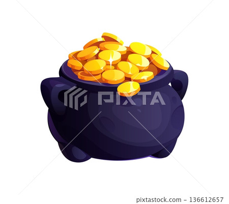 Leprechaun pot of gold game asset. Cartoon vector Happy St Patrick holiday treasure cauldron full of gold. Irish charm symbolizing luck, wealth and good fortune. Leprechaun pot with golden coins Leprechaun pot of gold game asset. Cartoon vector Happy St Patrick holiday treasure cauldron full of gold. Irish charm symbolizing luck, wealth and good fortune. Leprechaun pot with golden coins 136612657
