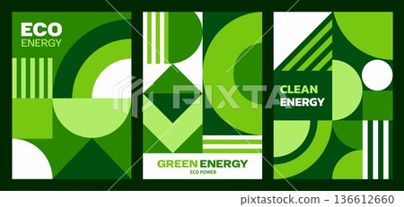 Green and clean energy posters with Bauhaus geometric pattern. Green energy technology, renewable electricity vector poster. Power industry poster with abstract Bauhaus geometric shapes green pattern Green and clean energy posters with Bauhaus geometric pattern. Green energy technology, renewable electricity vector poster. Power industry poster with abstract Bauhaus geometric shapes green pattern 136612660