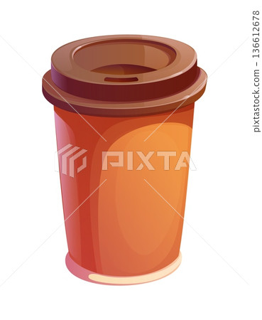 Cartoon coffee cup for takeaway drink. Isolated vector disposable paper container with brown plastic lid. Carton fast food mug for cold or hot beverage latte or tea. Recyclable pack for liquid product 136612678