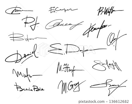 Business signature and autographs set. Handwritten vector elegant cursive handwriting marks showing personal identity, authentication, business approval and legal document signing in black ink font Business signature and autographs set. Handwritten vector elegant cursive handwriting marks showing personal identity, authentication, business approval and legal document signing in black ink font 136612682