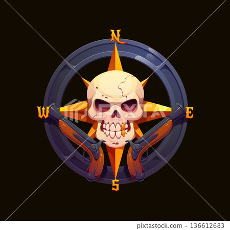 Heraldic compass with pirate skull and guns. Cartoon vector game asset or heraldry icon featuring skull at its center, flanked by two flintlock pistols inside of compass rose with cardinal directions 136612683