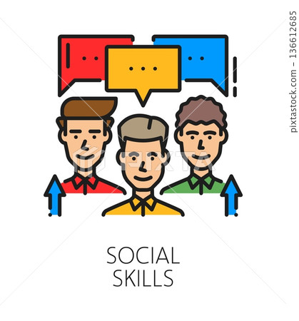 Social communication life skill color line icon or pictogram. Personal social communication ability line vector symbol, personal quality sign. Life skill icon with people characters and speech clouds 136612685