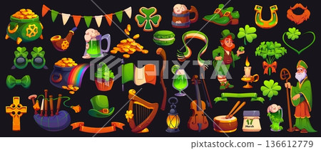 St Patrick day characters, Irish symbols and objects for holiday, cartoon vector. Saint Patrick day symbols of shamrock clover and leprechaun gold coins with rainbow, green ale beer mug and horseshoe 136612779