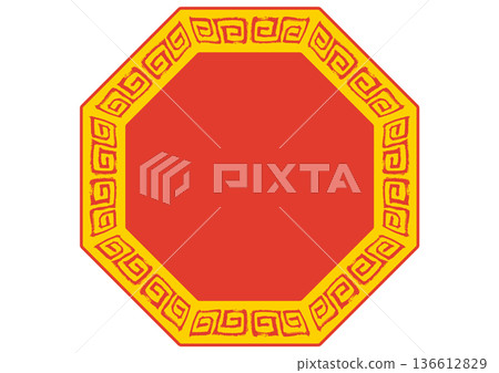 中式邊框。手繪閃電筆觸。紅色八邊形。 136612829