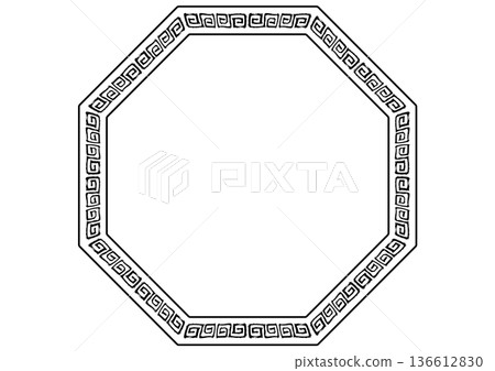 Chinese-style frame. Hand-drawn brush strokes of lightning. Black octagon. 136612830