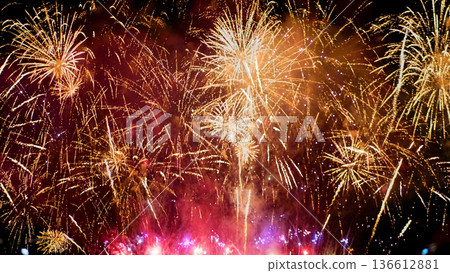Golden Firework celebrate anniversary happy new year 2024, 4th of july holiday festival. Gold firework in the night time celebrate national holiday. Countdown to new year 2024 gold party time event Golden Firework celebrate anniversary happy new year 2024, 4th of july holiday festival. Gold firework in the night time celebrate national holiday. Countdown to new year 2024 gold party time event 136612881