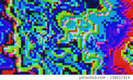 Vibrant Abstract Glitch Pattern in Neon Colors for Retro 80s, Cyberpunk Aesthetic 136612914
