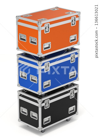 Multi-colored flight cases on white background - 3D illustration Multi-colored flight cases on white background - 3D illustration 136613021