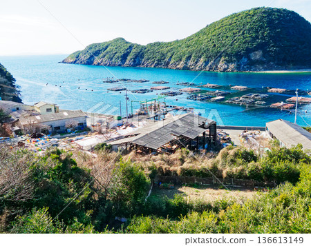 Aquaculture rafts and dried sardine factory 136613149