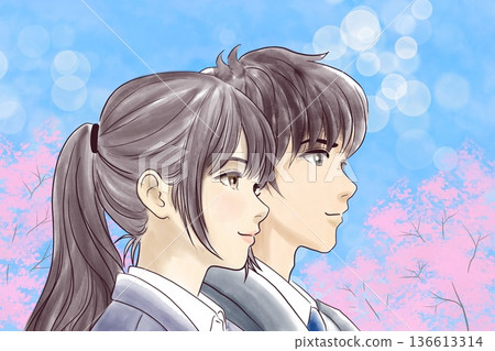 Young men and women in uniforms, cherry blossom background, ad wait and see 136613314