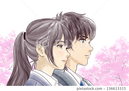 身著制服的年輕男女,背景是櫻花。 身著制服的年輕男女,背景是櫻花。 136613315