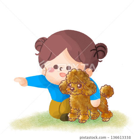 Heartwarming illustration of a girl playing with a poodle (no lines) 136613338