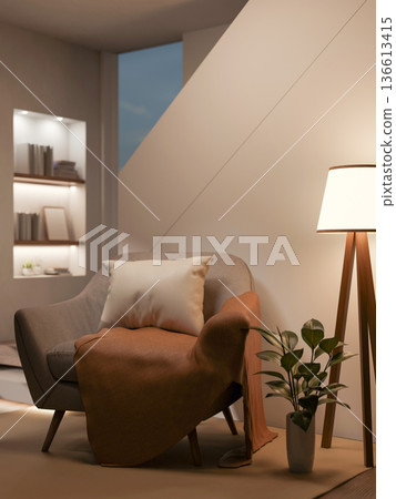 Sofa chair and high floor lamp with a vase aside white wall with recessed shelf in a modern house. 136613415