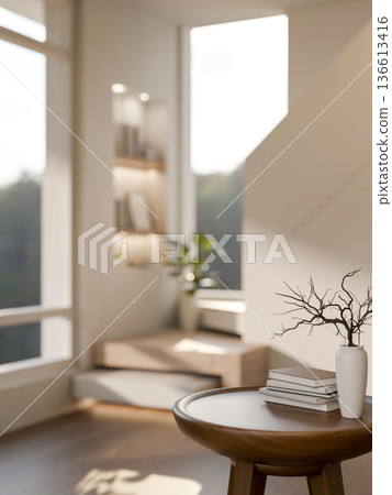 Books and vase on round wooden table and staircase with recessed wall shelf in a parquet floor room. 136613416