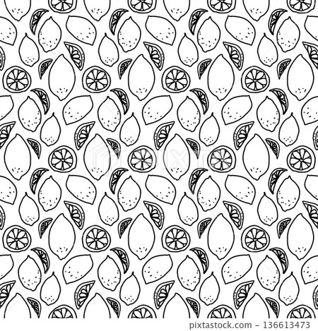 Seamless pattern scribble lemons elements. Monochrome black outline naive sketch summer fruit design for textiles. Mediterranean-inspired italian citrus print. Vector mini pencil hand drawn background 136613473