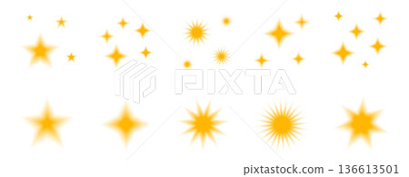 Gradient blur y2k yellow stars. Blinks with aura gold figures set. Y2k aesthetic sparkling bling translucent gradation effects. Vector abstract starry shaped set isolated on transparent background 136613501
