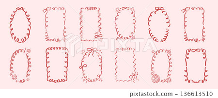 Bachelorette disco ball whimsical frames. Coquette borders with bows set. Ribbon and lace squiggle menu cadre. Vector wedding frame on pink girly background. Christmas oval and rectangle forms 136613510