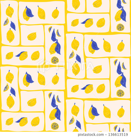 Lemons kitchen seamless pattern. Patchwork fruit summer endless background. Bento box repeat cover. Surface pattern design italian mediterranean motif. Vector hand drawn citrus illustration 136613519