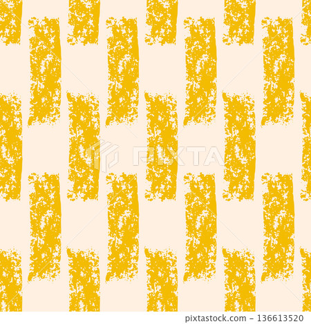 Small dash yellow lines seamless pattern. Surface pattern design geometric bricks handmade grid motif. Hand drawn mini streaks texture. Vector repeat crayon pastel background illustration 136613520