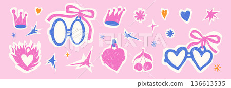 Heart in a fire, paper cutout frames stickers for text. Oil pastel cherry, crown, star, and bow coquette doodle collage elements for Valentine day scrapbook cut out scrawl. Vector scribble stickers Heart in a fire, paper cutout frames stickers for text. Oil pastel cherry, crown, star, and bow coquette doodle collage elements for Valentine day scrapbook cut out scrawl. Vector scribble stickers 136613535