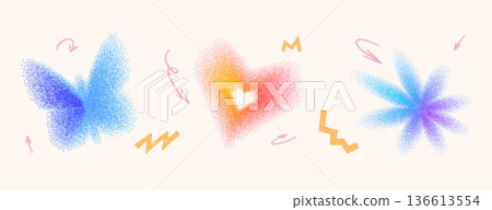 Colorful y2k flower, heart, butterfly shapes with grain noise gradient set. Trendy bright stippling forms set. Butterfly, floral icons isolated on beige background. Vector oil pastel draw illustration 136613554