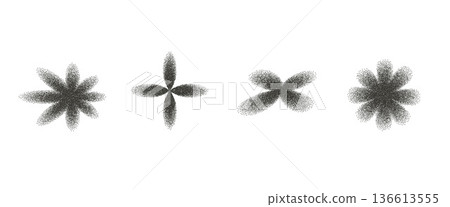 Y2K flower grainy noise gradient pattern figures. Grain gradation dot airbrush spray shapes. Vector stippling aesthetic shapes with grunge dust effect. Charcoal floral forms 136613555