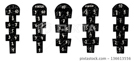 Hopscotch games charcoal drawn. Kids kindergarten pencil crayon elements set isolated on transparent background. Hop scotch children playground outdoor entertainment. Vector chalk naive illustration 136613556
