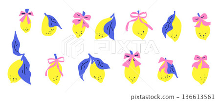 Whimsical lemon with bows illustrations Italian Mediterranean charm. Hand drawn naive fruit doodles featuring branches in blue yellow tones. Vector lemons scribble isolated no bg 136613561
