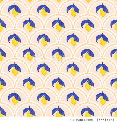 Seamless pattern hand drawn lemons and scallop frame. Pastel pink summer fruit design for textiles, kitchen decor, Mediterranean-inspired print. Vector arch naive fresh citrus fruits background Seamless pattern hand drawn lemons and scallop frame. Pastel pink summer fruit design for textiles, kitchen decor, Mediterranean-inspired print. Vector arch naive fresh citrus fruits background 136613573