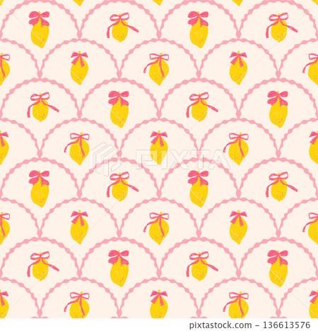 Seamless scallop pattern lemon with whimsical bow ribbons. Summer fruit design for textiles, wallpaper decor. Mediterranean-inspired print. Vector arch coquette repeat background 136613576
