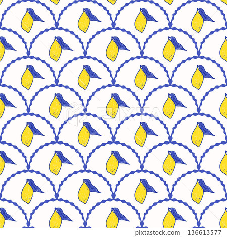 Scallop seamless pattern with naive scribble lemons. Summer fruit design for textiles, kitchen decor. Mediterranean-inspired arc border print. Vector arch hand drawn fresh citrus fruits background Scallop seamless pattern with naive scribble lemons. Summer fruit design for textiles, kitchen decor. Mediterranean-inspired arc border print. Vector arch hand drawn fresh citrus fruits background 136613577