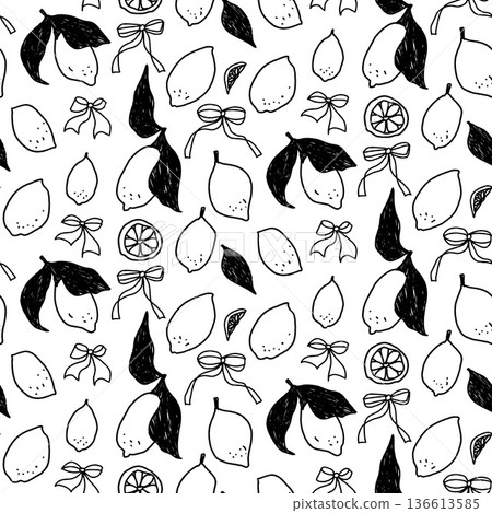Seamless pattern doodle lemons with bows elements. Monochrome black coquette outline naive sketch summer fruit design for textiles. Mediterranean-inspired citrus print. Vector hand drawn background 136613585