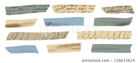 Decorative masking strips collection. Vintage adhesive elements,r etro collage labels, and craft stickers ideal for scrapbooking, journaling, and creative design projects. Vector textured streaks Decorative masking strips collection. Vintage adhesive elements,r etro collage labels, and craft stickers ideal for scrapbooking, journaling, and creative design projects. Vector textured streaks 136613624