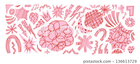 Girly coquette collage scrap cutouts background. Geometric and organic whimsical scribble figures set. Music note, stars, arrows, heart doodle stickers crayon drawn textures. Vector illustration bg 136613729