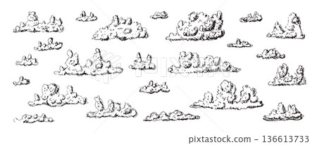 Vintage sky illustrations with hand-drawn cloud outlines. Pen sketch collection in retro scribble doodle. Vector uneven ink clouds for artistic designs and creative weather-themed graphic 136613733