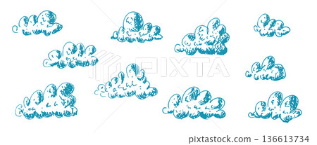 Clouds hand drawn kids set. Vintage doodle sketch blue sky. Retro ink pencil cloudskape. Vector naive ink or crayon illustration collection isolated on transparent background 136613734