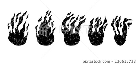 Black fire doodles set. Campfire sketches. Hand-drawn flame icons with brush stroke texture for vintage graphics, creative collage artwork. Vector charcoal burning shapes isolated on transparent 136613738