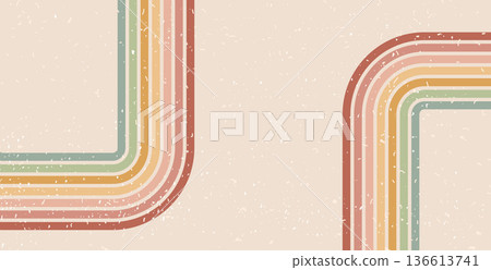 Retro groovy corners lines background. 70s wave path abstract pattern wallpaper. Vector horizontal wide vintage geometric stripes design. Funky trendy banner with curvy playful striped ornament 136613741