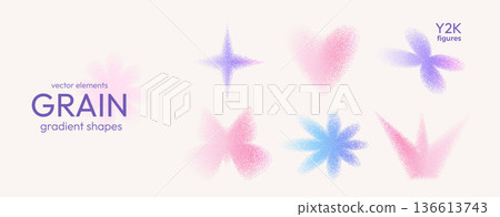 Pastel colors geometric grain gradient shapes with noise. Y2k retro stippling crown, twinkle forms set. Butterfly, flower, heart and star icons on beige background. Vector pink, blue illustration Pastel colors geometric grain gradient shapes with noise. Y2k retro stippling crown, twinkle forms set. Butterfly, flower, heart and star icons on beige background. Vector pink, blue illustration 136613743