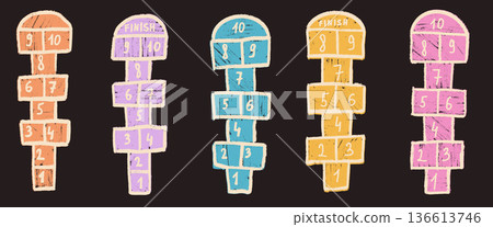 Hopscotch games chalk pastel drawn set isolated on dark road background. Children playground outdoor entertainment on street asphalt. Vector colorful wax crayon handwritten illustration 136613746