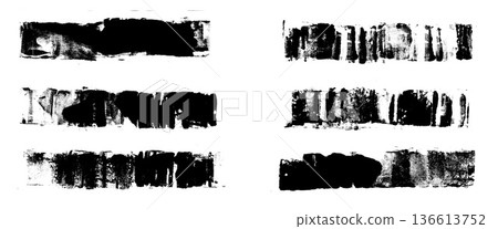 Black linocut roller brush strokes with grunge distressed texture. Paint lines rough lino cut shapes. Brushstroke elements grunge effect for printmaking and vintage designs. Vector handmade streaks Black linocut roller brush strokes with grunge distressed texture. Paint lines rough lino cut shapes. Brushstroke elements grunge effect for printmaking and vintage designs. Vector handmade streaks 136613752
